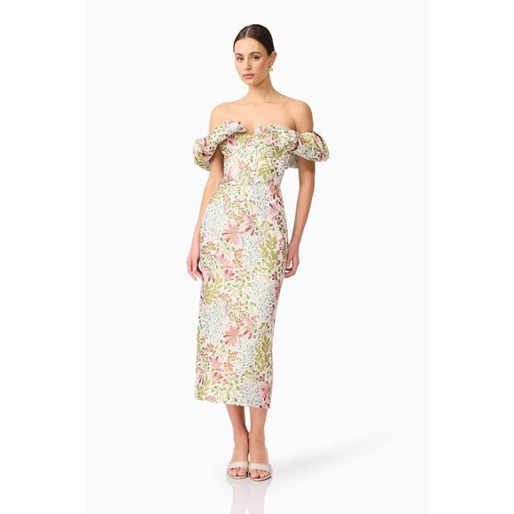 ELLIATT Calaantha Off The Shoulder Midi Dress Floral Wedding Guest size S NWT - Picture 2 of 8